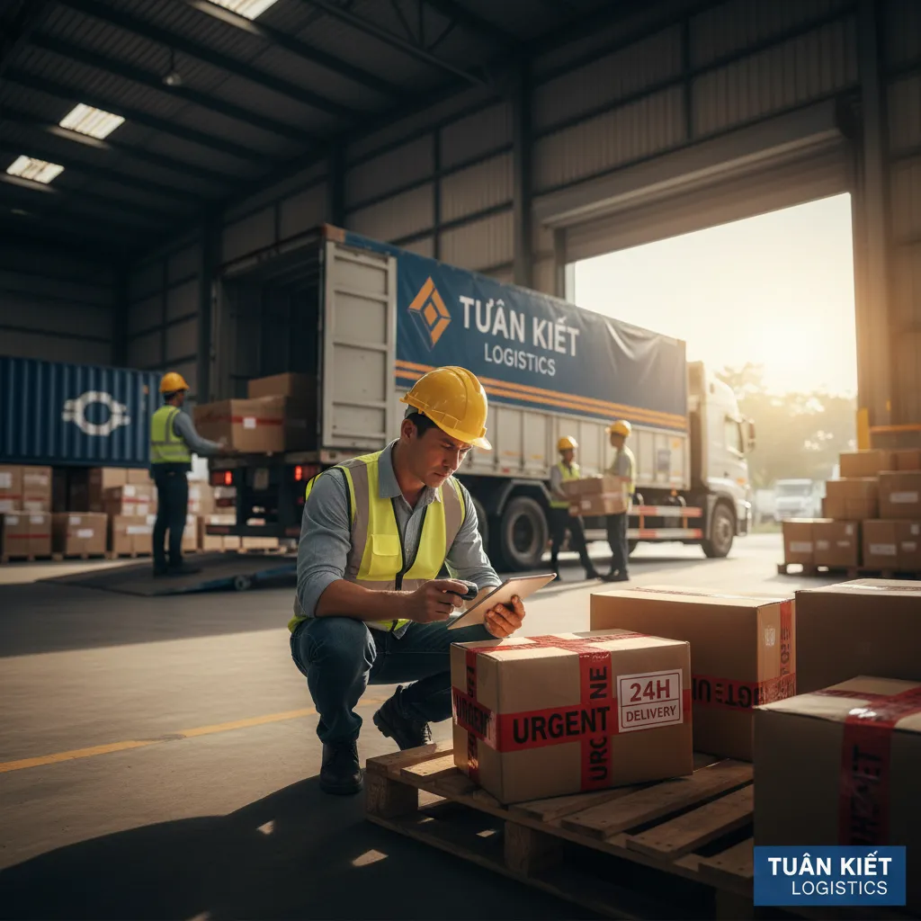 Nhân viên logistics kiểm tra hàng gấp