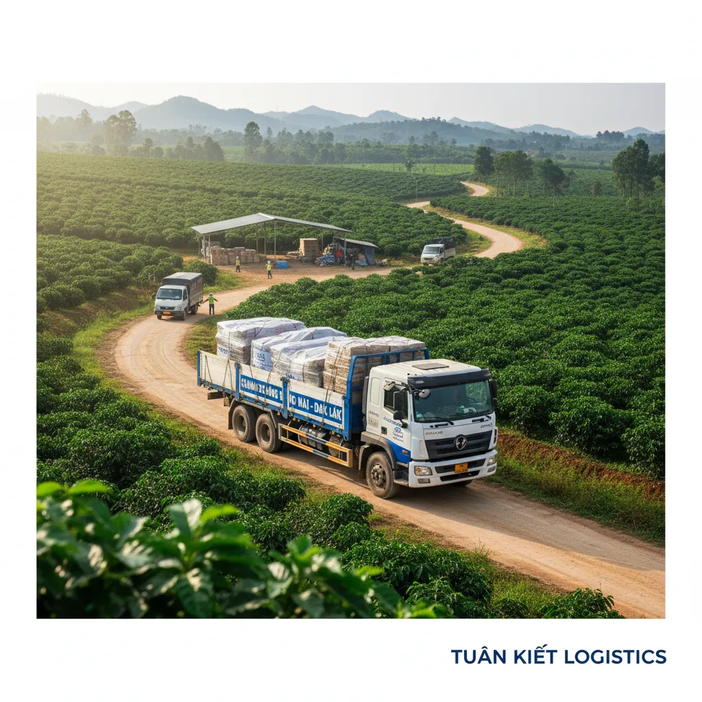 1. Xe tải băng qua đồi cà phê xanh mướt ở Đắk Lắk.