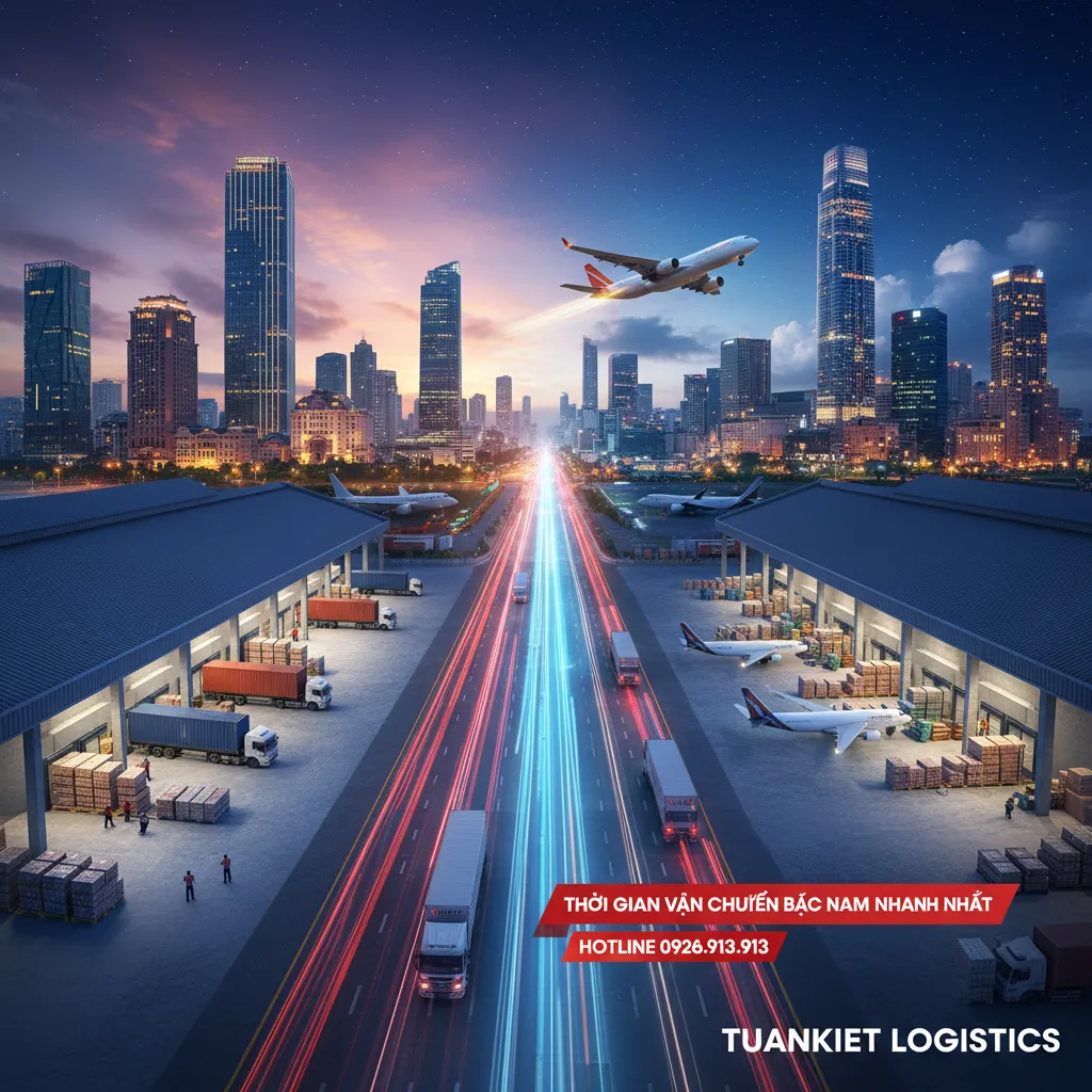 3. Đường bay Hà Nội Sài Gòn ánh sáng (Glowing logistics route connecting Hanoi and Saigon skylines)