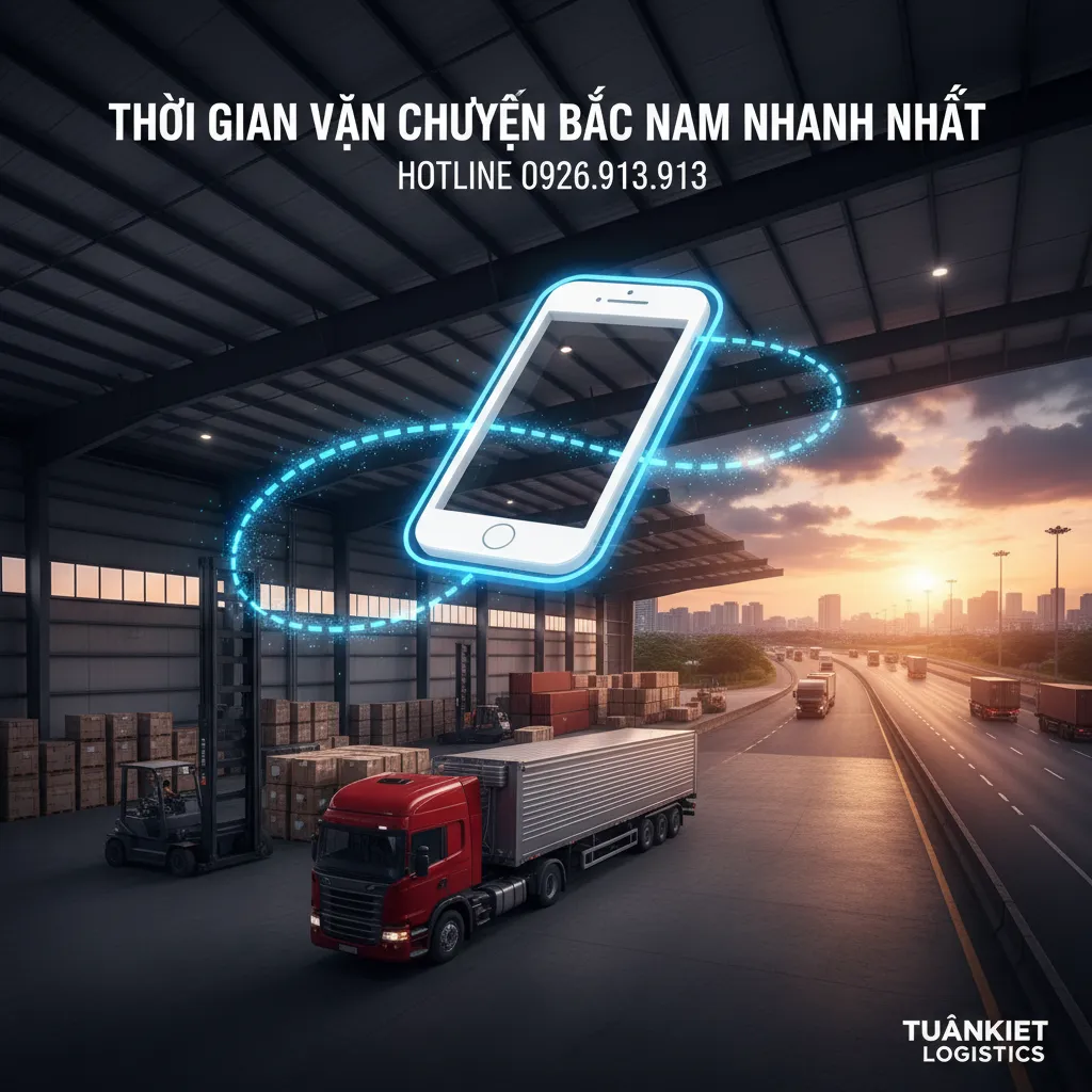 4. Kết nối hotline logistics 3D (3D rendering of a phone icon merging with a shipping route)