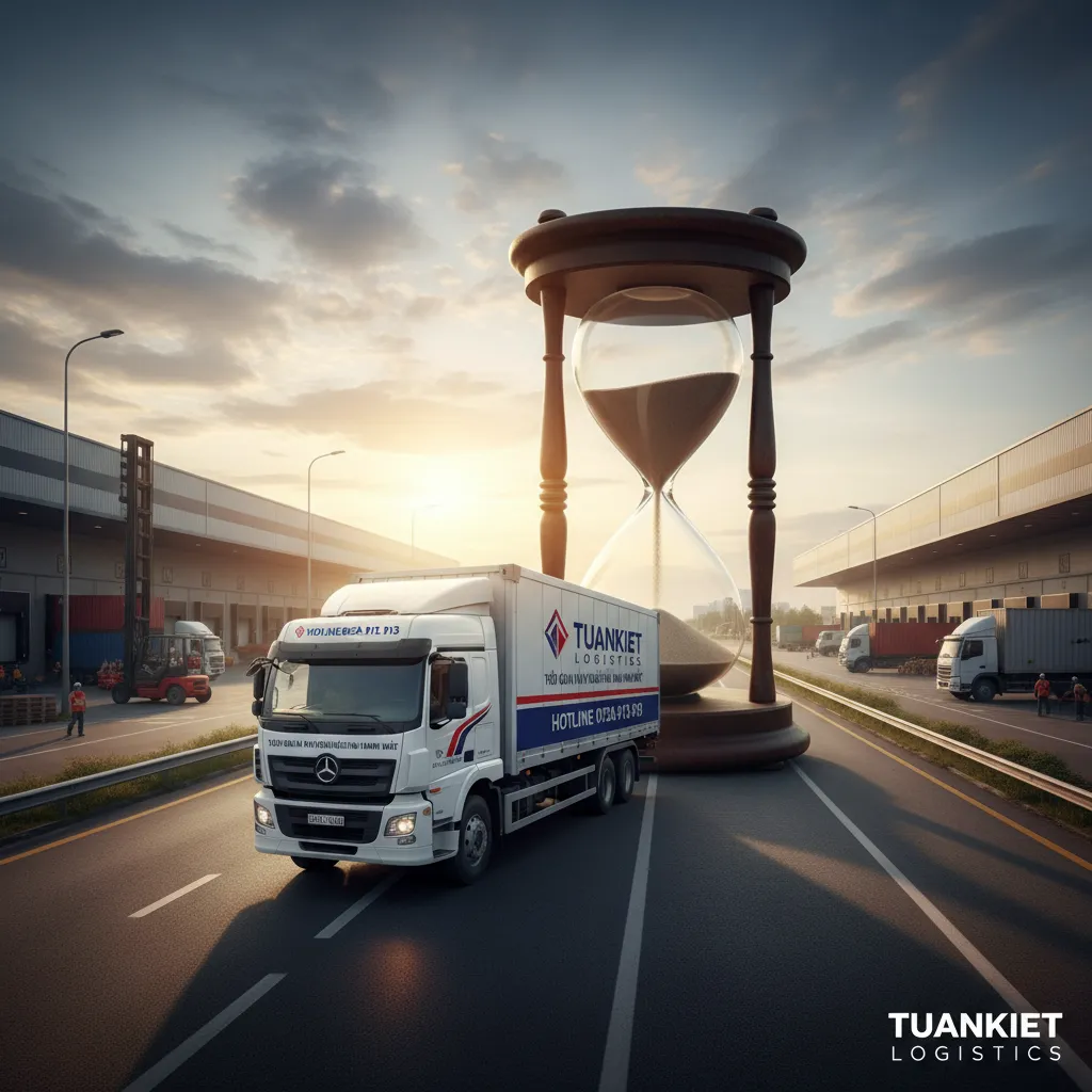 5. Xe tải vượt đồng hồ cát (Delivery truck overtaking an hourglass, symbolizing minimized time)