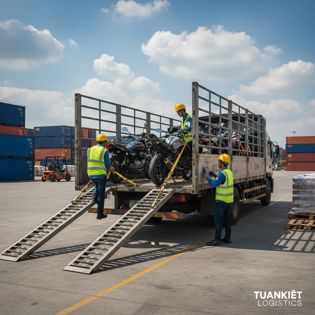 Xếp xe máy lên xe tải an toàn